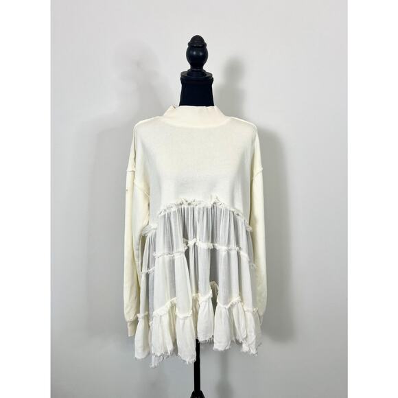 We the Free Pixie Sweatshirt in Bone Size XS Pullover Layered Fringe Cotton - Picture 2 of 5